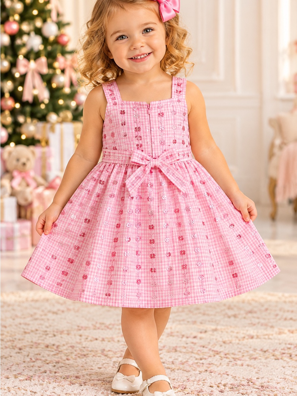 Bonnie Jean Girls 2T Pink Gingham Embroidered Dress Bow EUC